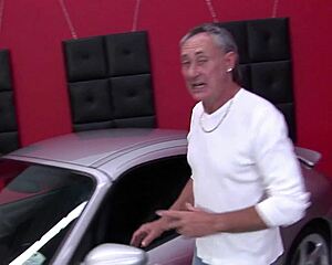 after spotting the luxury car, eager brunette and blonde milfs bend over for big cocks in wild foursome pounding.