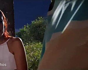 giving a risky handjob to this hot redhead at the bus stop