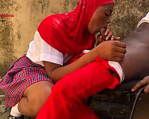 horny schoolgirl in uniform distracts senior student fucking his big black cock outside classroom