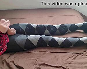 shemale strokes huge cock in plaid dress and tight argyle leggings