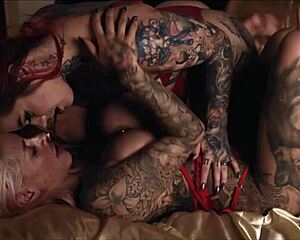 Tattooed bisexual babes tease bbc with oiled strapon play
