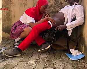 horny schoolgirl in uniform distracts senior student fucking his big black cock outside classroom