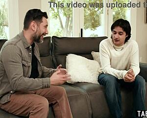 Stepson and stepdad double penetrate blindfolded mature stepmom post-massage