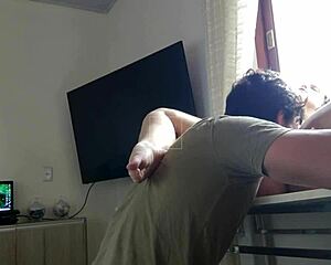 he spots the cute little blonde with big ass and takes her right in the kitchen