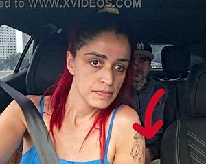 App driver catches passenger stroking cock dirty in the car public flashing redhead skinny