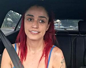 App driver catches passenger stroking cock dirty in the car public flashing redhead skinny