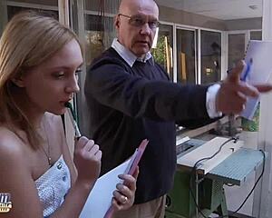 Does young blonde suck grandpa's cock right before swallowing his hot cum after fuck?