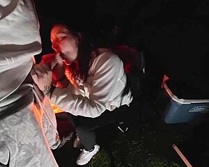 wife sneaks quick doggystyle pounding at the campsite outdoors