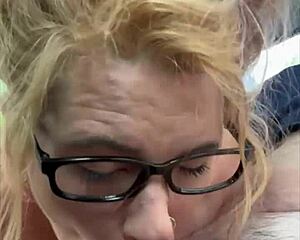 streetwalker with glasses deepthroats cock swallows every cum drop