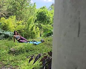 skinny latina teen does yoga outdoors until guy rips clothes for tight pussy pounding