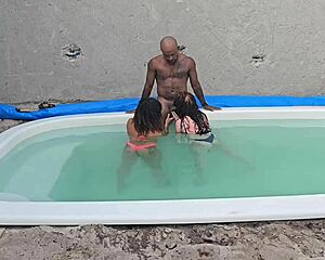 Tattooed lingerie babes get fucked poolside by bbc ending in creampie fetish play