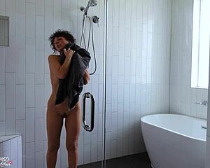 mature milf mommy bathes then straps on for lesbian shower roleplay clit licking fun