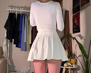 skinny teen tries on tight skirts showing big natural tits