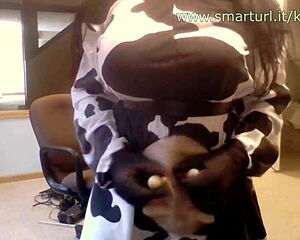 cosplay cow shakes and jiggles her massive boobs in playful dance