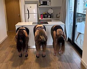 four athletic latinas explore lesbian pleasures for the first time in sweaty workout