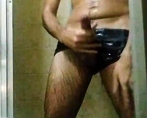 Skinny Brazilian Jerking Huge Cock in Shower Bath to Intense Orgasm