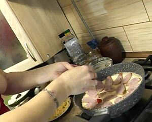Sexy milf frina cooks naked in see-through peignoir, big ass pussy tits out for new year's pizza