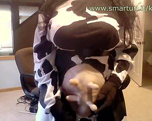 cosplay cow shakes and jiggles her massive boobs in playful dance