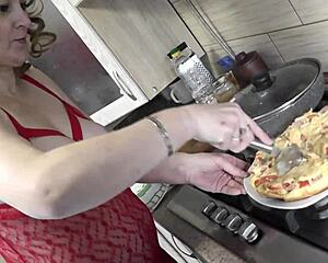 Sexy milf frina cooks naked in see-through peignoir, big ass pussy tits out for new year's pizza