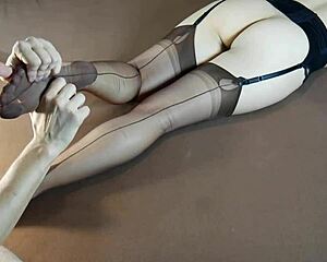 milf soles get massaged in stockings as she moans horny with feet fetish