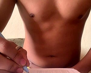 athletic girl fingers pussy during homework