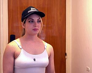 Peek next door for blonde big ass anal creampie with monster cock choking