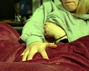 A couple's tv time leads to handjob ruined orgasm on big tits wife