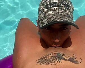 Lucky stranger massages latina babe's pussy by hotel pool then fingers her wet slit