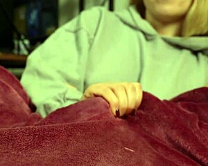 A couple's tv time leads to handjob ruined orgasm on big tits wife