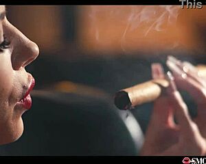 smoking milf with massive tits strokes off and sucks while puffing a huge cigar