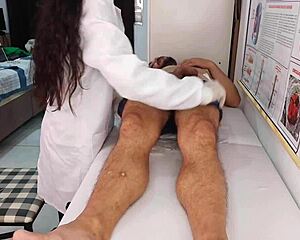 Skinny nurse watches patient's monster cock erection then licks and fucks tight pussy wet