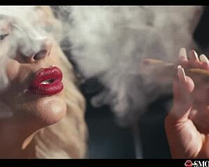 smoking milf with massive tits strokes off and sucks while puffing a huge cigar