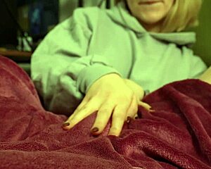 A couple's tv time leads to handjob ruined orgasm on big tits wife