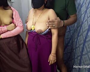 Two cute Indian women enjoy a threesome