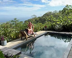 amateur asian couple films public pool doggystyle ending in facial cumshot