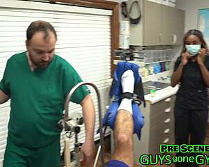 Gloved latex nurse spreads shaved pussy wide backstage for humiliating cum extraction clinic pounding