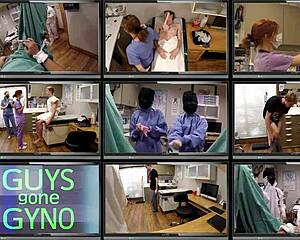 Gloved latex nurse spreads shaved pussy wide backstage for humiliating cum extraction clinic pounding