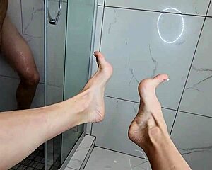 footjob on cock in morning shower cum explosion!