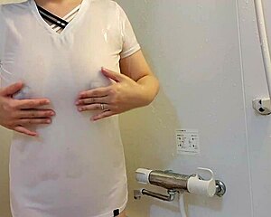 i'm a married milf rubbing my fat tits with dildo in bathroom