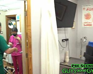 Gloved latex nurse spreads shaved pussy wide backstage for humiliating cum extraction clinic pounding