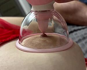 crazy vacuum tongue laps her big natural tits nipples sweetly in bed