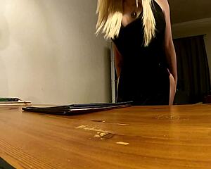 boss jerks monster cock on beautiful big tits secretary in slit dress but she ignores him completely