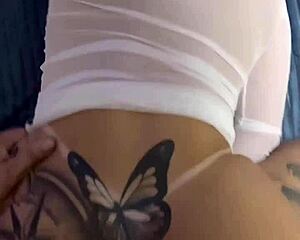 A busty latina babe flashes her wet pussy and gets it licked deep before orgasming with cum on her ass