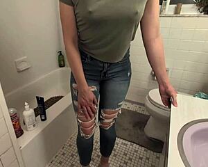 desperate amateur wife holds pee then takes golden shower from friend