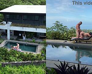 amateur asian couple films public pool doggystyle ending in facial cumshot