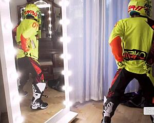 What if a horny athletic teen begged for doggystyle cumshot on her masked tits during motorcycle sex?