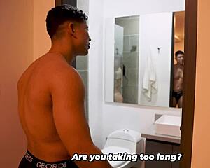 dude, that muscular guy just snatched his big-assed stepsis's towel for a shower prank - hilarious!