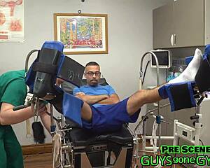 Gloved latex nurse spreads shaved pussy wide backstage for humiliating cum extraction clinic pounding