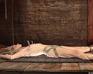 Gagged blonde bound tight for brutal lezdom punishment