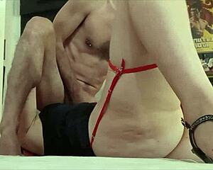 french amateur models full outfit in red satin lingerie garter heels